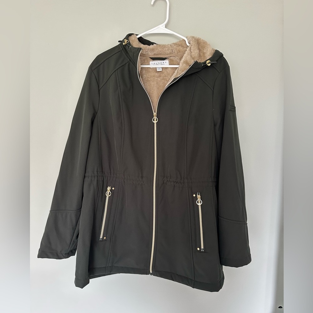 Laundry By Shelli Segal Black Hooded Utility Jacket with Faux-Fur Lining, XL